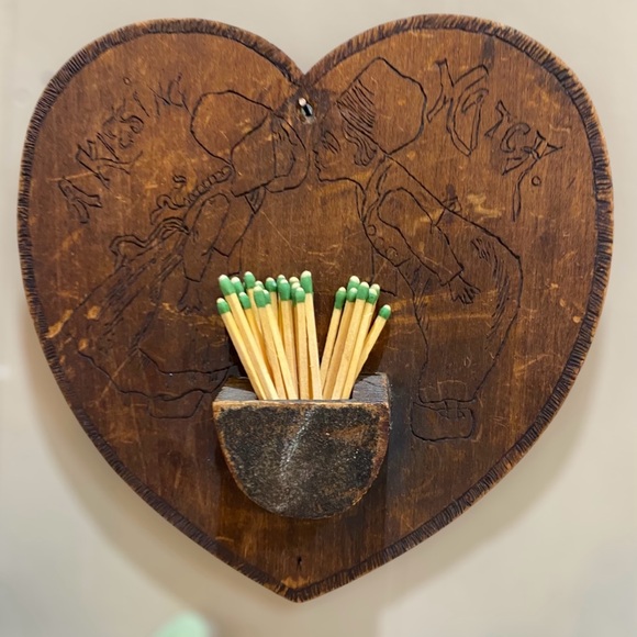 Vintage Pyrography Match Stick Holder Wood Wall Hanging Decor - Picture 5 of 8